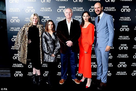 (from left) Jane Tranter, Dafne Keen, Philip Pullman, Ruth Wilson and Jack Thorne posing in from of the premier board.