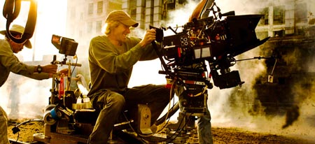 Michael Bay on set handling the camera rig.