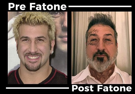 Headshots of Joey Fatone before the face tattoo (left) and after the Post Malone style face tattoo (right).