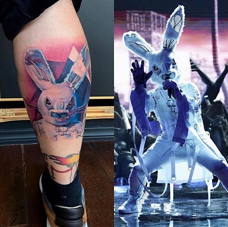 (left) The rabbit tattoo of Fatone on his right leg. (right) Fatone completely in the rabbit tattoo singing while showing his dance moves.