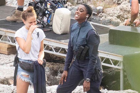 Lashana Lynch and Lea Seydoux on the set of Bond 25.