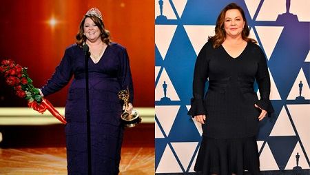 Melissa McCarthy accepting an awards onstage (left) and posing for a photoshoot during an event.