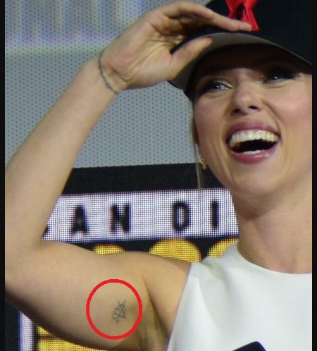 Scarlett Johansson's 'Avengers Logo' in her right inner bicep. It was Johansson's plan to get a Avengers logo tattooed.