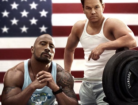 Wahlberg and Dwayne "The Rock" Johnson in the poster for the movie, 'Pain & Gain'.