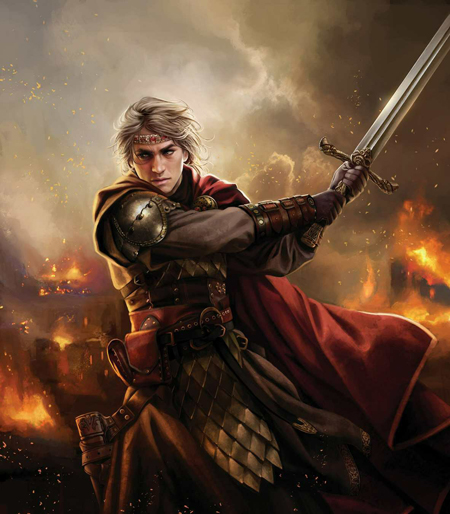 Aegon the Conquerer swings his sword as cities burn behind him.