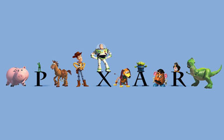 All the characters of Toy Story movie, with the Pixar Animation Studios Logo.