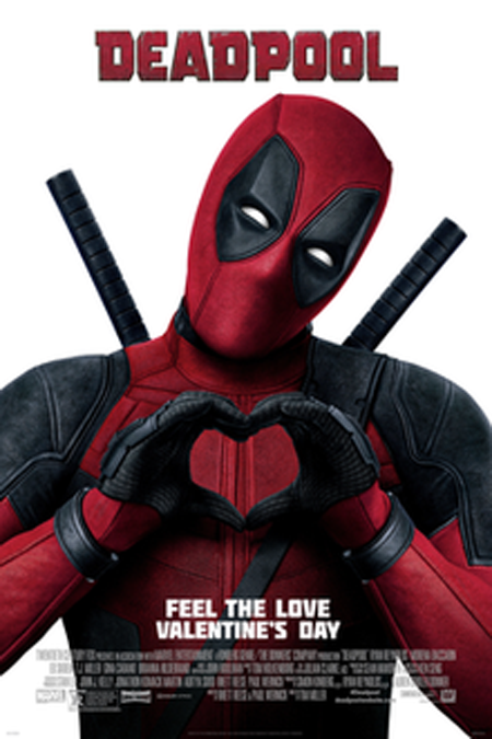 Deadpool makes a heart sign as he poses for the camera on the poster of the first Deadpool movie.