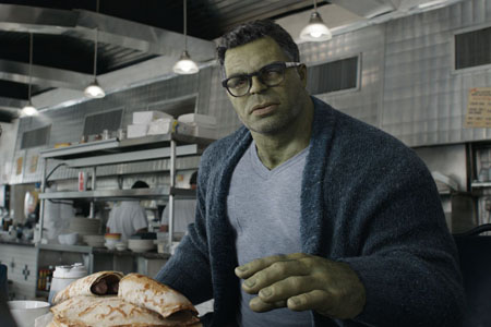 Hulk sits in his diner to talk to Steve, Nat and Scott as Professor Hulk.