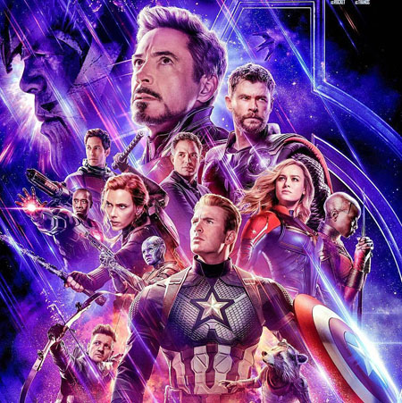 The surviving Avengers on the poster of Endgame as Thanos looms in the background.