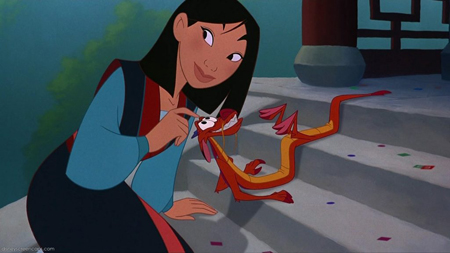 Mulan pets Mushu on the steps of the temple.