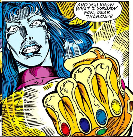 Nebula wields the infinity gauntlet.