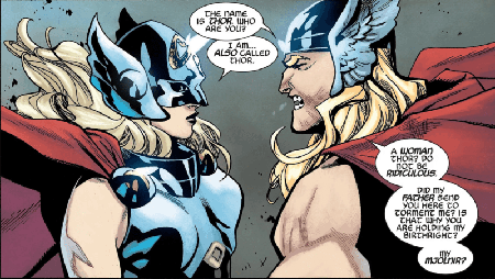 Female Thor and Male Thor battle it out.