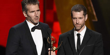 David Benioff and D. B. Weiss accept Emmy.