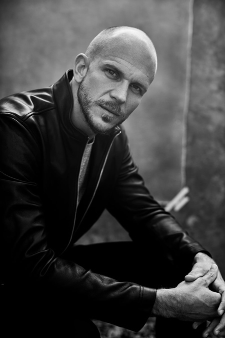 Gustaf Skarsgard posing in a black and white photo