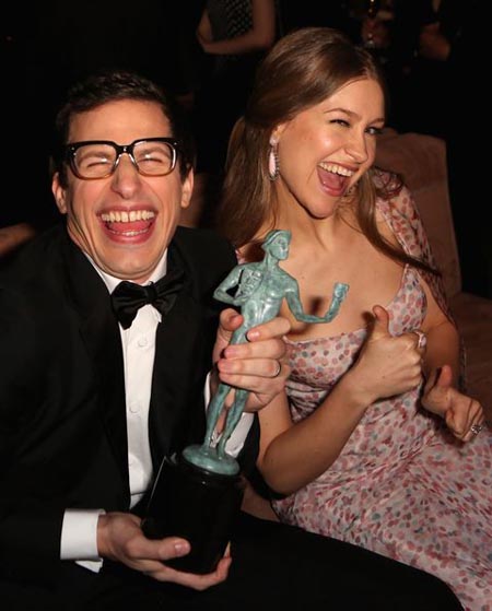 Andy Samberg and Joanna Newsom with his SAG Award.