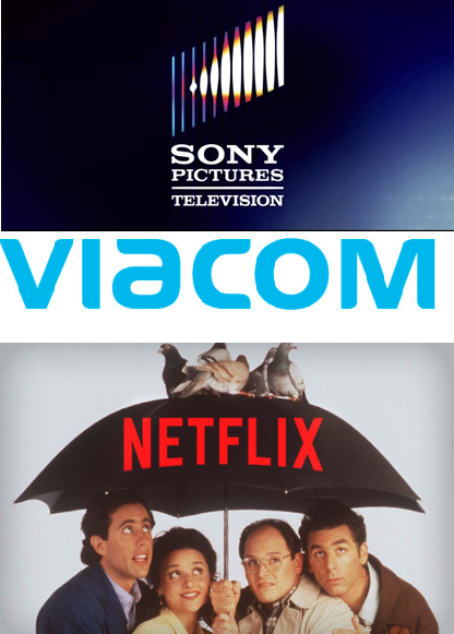 Sony logo on top, Viacom logo in the middle and 'Seinfeld' poster with netflix written on the umbrella.