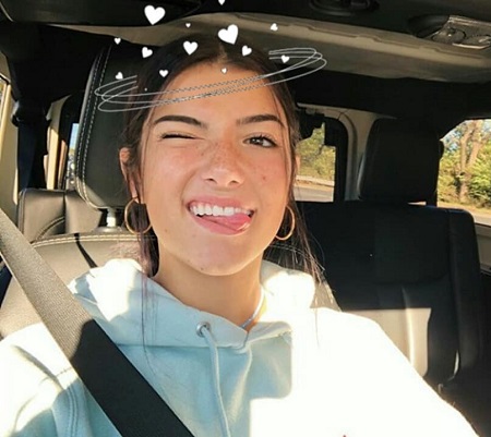 Charli D'Amelio taking a selfie in her car with the hit-in-the-head filter on her head.