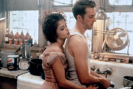 Helena Bonham Carter's Marla Singer hugging Edward Norton's character from behind in 'Fight Club' movie.