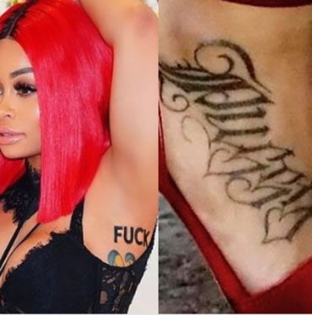 Angela Renee White aka Blac Chyna got tat with words FUCK and Pussy.