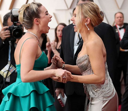 Scarlett Johansson and Florence Pugh at the 'Black Widow' premiere.